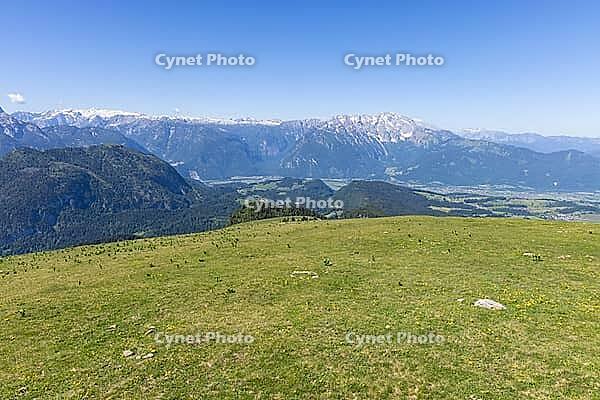 Landscape panorama, summit cross, mountains, alpine pasture, hikers, Tennengau, relaxation [IBR124899495]