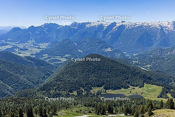 Landscape panorama, summit cross, mountains, lake, hikers, alpine pastures, Tennengau, relaxation [IBR124899497]