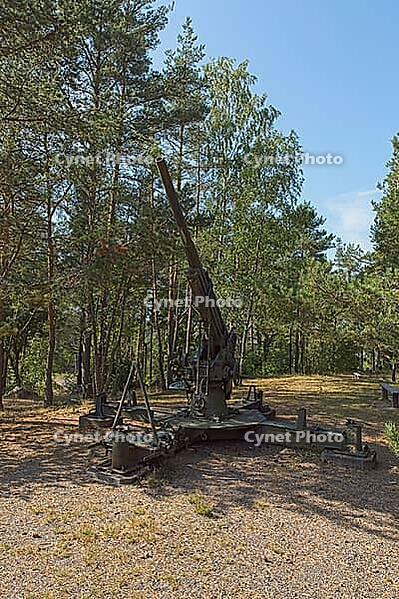 Old WW2 anti-aircraft cannon aimed at the sky in forest in summer, Loviisa, Finland [IBR124899517]
