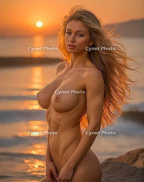 Brunette woman with long hair standing naked on the beach and enjoying the sea, young, naked, nudes, nude photography, looking at the camera, alone on the beach, perfect body, nudism, eroticism, skin, portrait, sandy beach, sexy, beauty, sunset, backlight [IBR124899525]