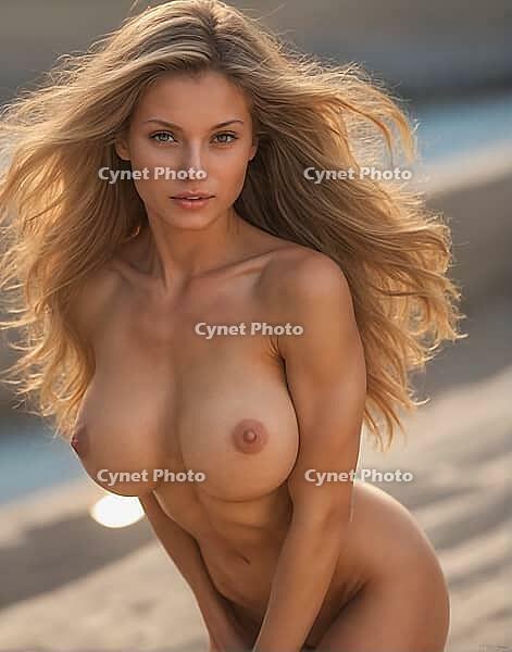 Brunette woman with long hair standing naked on the beach and enjoying the sea, young, naked, nudes, nude photography, looking at the camera, alone on the beach, perfect body, nudism, eroticism, skin, portrait, sandy beach, sexy, beauty, sunset, backlight [IBR124899530]