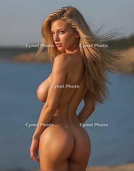Brunette woman with long hair standing naked on the beach and enjoying the sea, young, naked, nudes, nude photography, looking at the camera, alone on the beach, perfect body, nudism, eroticism, skin, portrait, sandy beach, sexy, beauty, sunset, back, but [IBR124899535]