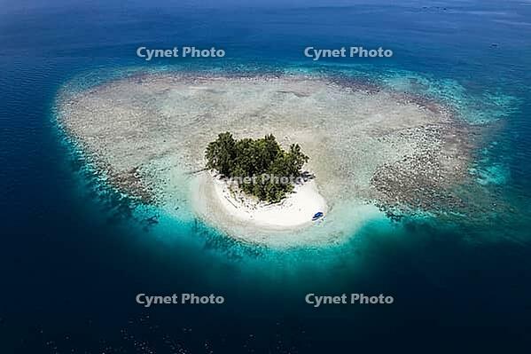 Aerial view of a small tropical island with white sandy beach and a boat and a presented reef, Raja Ampat, West Papua, Indonesia [IBR124899561]