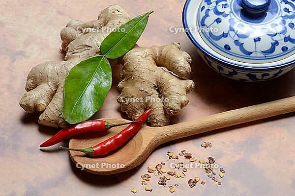 Ginger, ginger root with kaffir lime leaf and chili pepper [IBR124899850]
