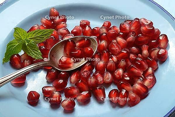 Pomegranate seeds and spoons on plate, Punica granatum [IBR124899857]