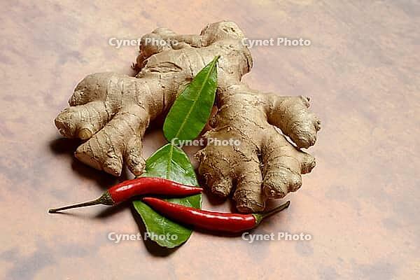 Ginger, ginger root with kaffir lime leaf and chili pepper [IBR124899864]