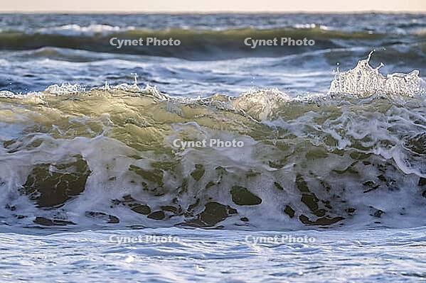 Surf, breaking wave against light, Sortebærdalen Strand, Houvig, North Sea, Denmark [IBR124899875]
