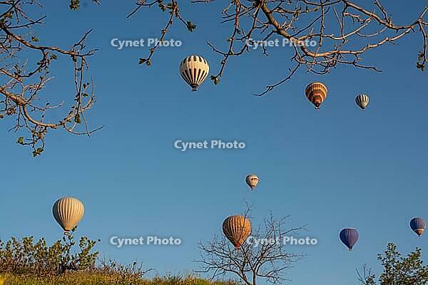 Scenic morning view of colorful hot air balloons soaring over the unique Cappadocia landscape, Turkey [IBR124899887]