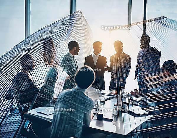 Double exposure image of business people with a modern city. Concept of teamwork, AI generated [IBR124899895]