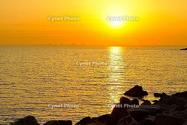 Sunrise in sea with city on skyline [IBR124906412]