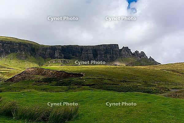 View of the Scottish Highlands, green meadows and cloudy skies in summer 2018 [IBR124915226]