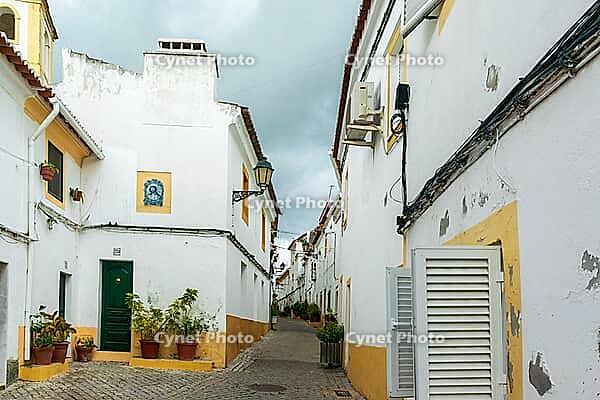 View of a narrow alleyway with cobblestones and flowers in Evora in spring 2019 [IBR124915259]