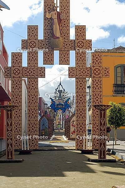 View of a street decorated for a religious festival [IBR124915297]