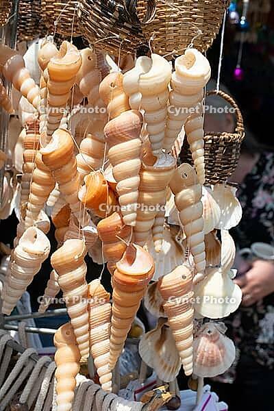 Colorful seashells and beads form intricate hanging decorations, capturing coastal charm and artisanal craftsmanship [IBR124920160]