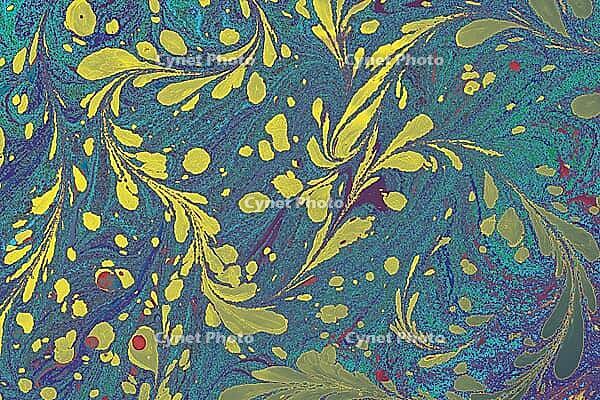 Vibrant psychedelic floral Ebru marbling art background featuring swirling liquid paint textures and bright colors [IBR124920186]