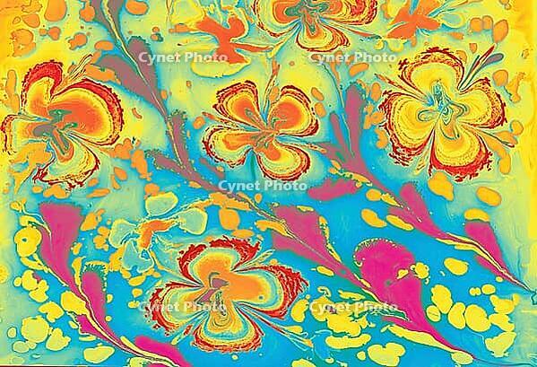 Soft pastel floral Ebru marbling texture featuring elegant tulip patterns and smooth liquid ink swirls [IBR124920201]