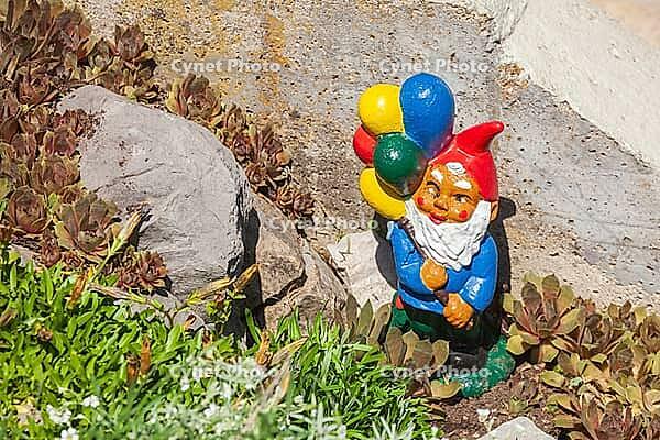 Colorful garden gnome in a garden, Gmund am Tegernsee, Gmund, Upper Bavaria, Bavaria, Germany [IBR124920233]