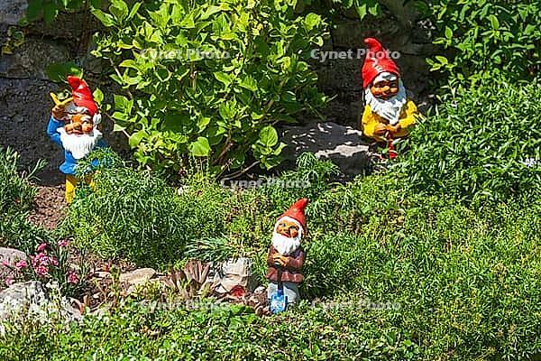 Colourful garden gnomes in a garden, Gmund am Tegernsee, Gmund, Upper Bavaria, Bavaria, Germany [IBR124920238]