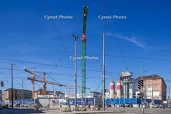 Large construction site at the main train station with construction cranes, Munich, Upper Bavaria, Bavaria, Germany [IBR124920241]