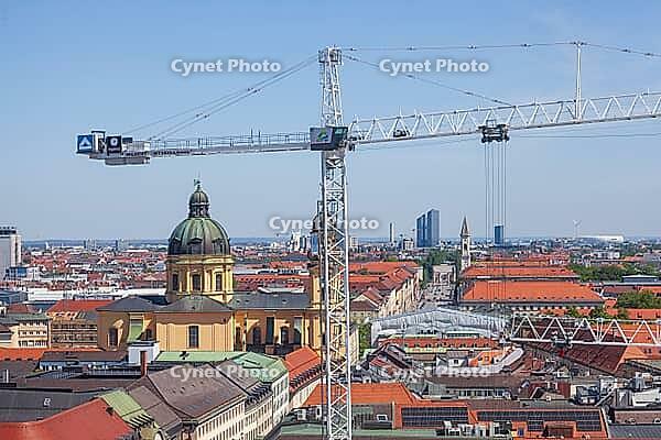 View from the town hall tower to the old town with theatre church, Schwabing and construction cranes, Munich, Upper Bavaria, Bavaria, Germany [IBR124920249]