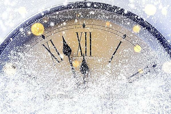 Countdown to midnight. Retro style clock counting last moments before Christmas or New Year [IBR124944040]