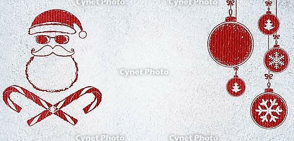 Bad Santa Claus and decorative balls symbols handwritten on christmas or new year card made of snow background with red craft paper below [IBR124944062]