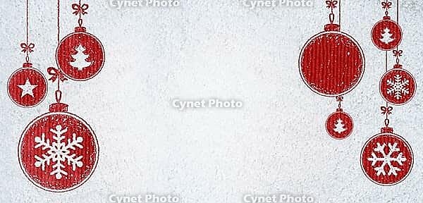 Christmas card or new year background made of decorative balls handwritten on snow and red craft paper [IBR124944069]