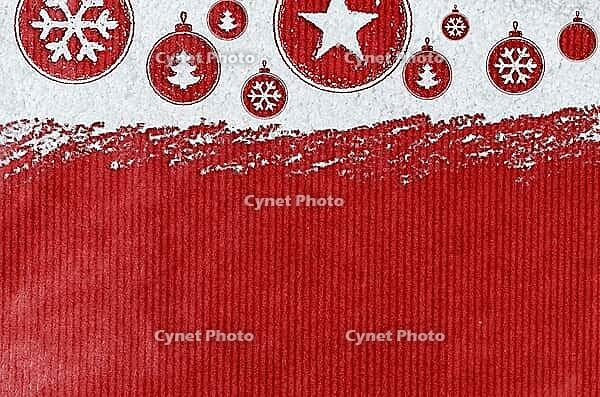 Christmas card or new year background made of xmas symbols handwritten on snow and red craft paper [IBR124944084]