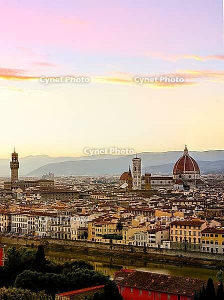 Florence cityscape and skyline panorama during summer sunset. Panoramic view of rooftops, Firenze, Tuscany, Italy [IBR124944110]