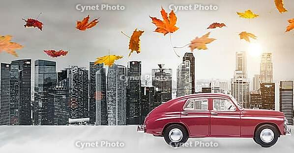 Food delivery. Autumn red toy car with fallen leaves delivering fruits and vegetables against business district buildings [IBR124944117]