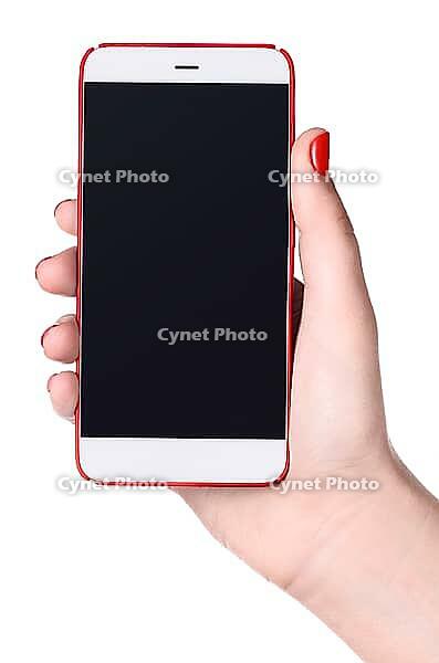 Feminine phone. Modern bezel-less smartphone with blank screen in female hand isolated on white background [IBR124944120]