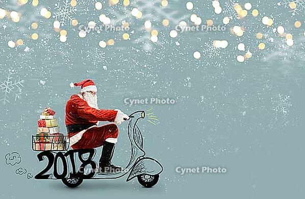 Santa Claus on scooter delivering Christmas or New Year gifts at snowy blue background [IBR124944124]