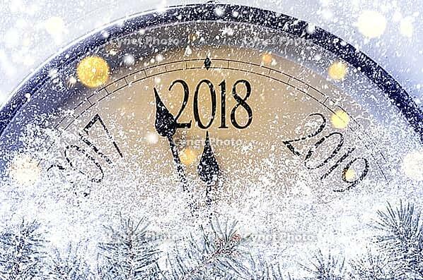 Countdown to midnight. Retro style clock counting last moments before Christmass or New Year 2018 [IBR124944131]
