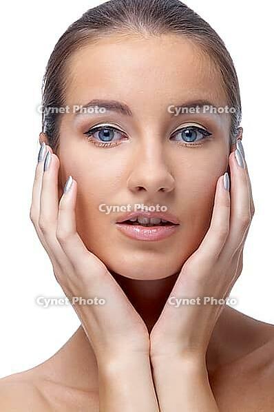 Close-up portrait of beautiful blue eyed caucasian model on white [IBR124968404]