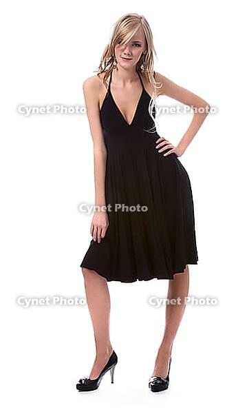 Portrait of beautiful blonde model poses in black dress [IBR124968408]