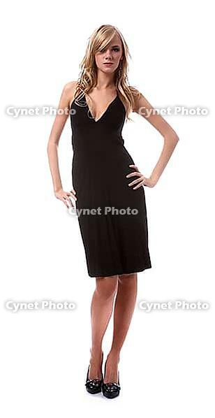 Portrait of beautiful blonde model poses in black dress [IBR124968437]