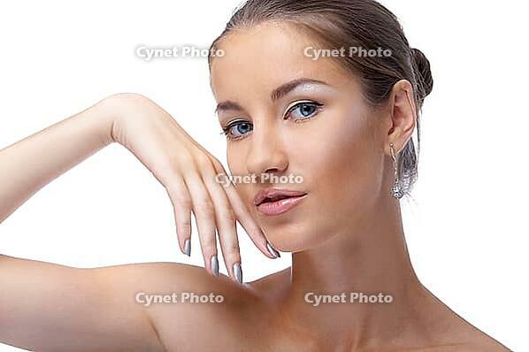 Close-up portrait of beautiful blue eyed caucasian model on white [IBR124968457]
