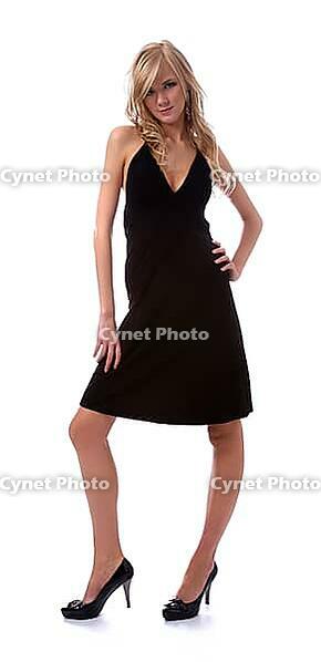 Portrait of beautiful blonde model poses in black dress [IBR124968466]