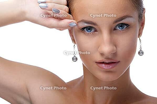 Close-up portrait of beautiful blue eyed caucasian model on white [IBR124968467]