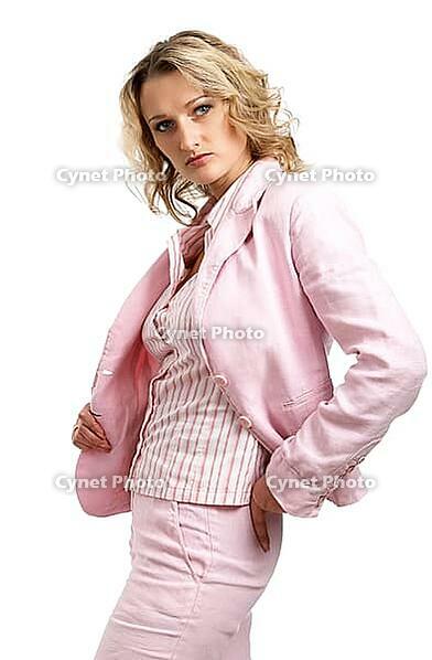 Portrait of blonde girl in pink dress on white background [IBR124968483]