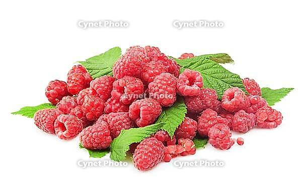 Fresh raspberry with green leaf on white background [IBR124991152]