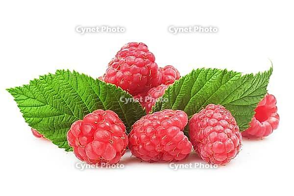 Fresh raspberry with green leaf on white background [IBR124991157]