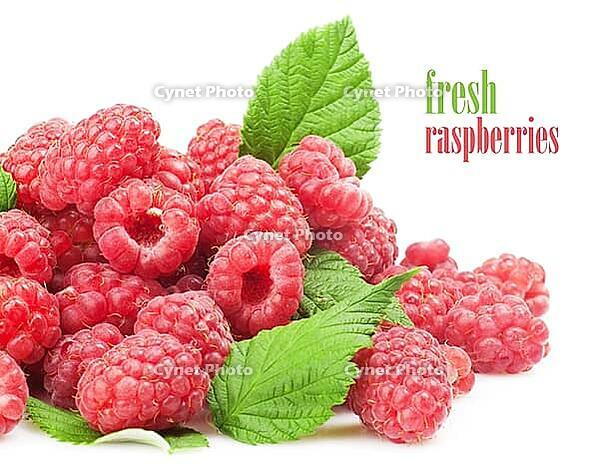 Fresh raspberry with green leaf on white background [IBR124991160]