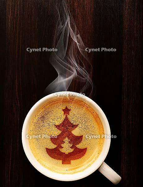 Cup of fresh coffee on table, view from above [IBR125000252]