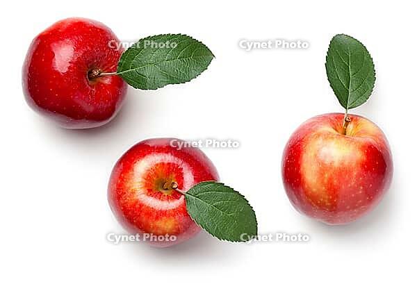 Red apples with leaves isolated on white background. Gala apple. Top view [IBR125000254]