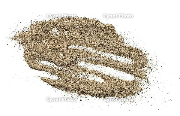 Black pepper powder isolated on white background. Top view [IBR125000259]