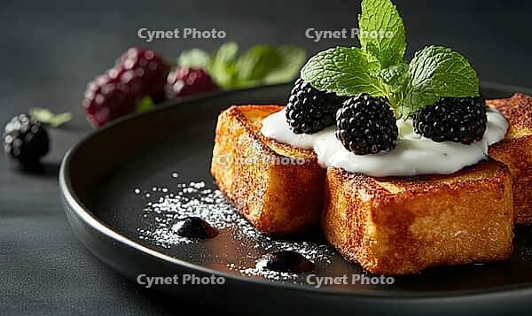 Crispy french toast with yogurt and blackberries, topped with a sprig of mint on a dark ceramic plate. AI generated [IBR125000260]
