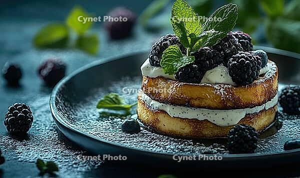 Crispy french toast with yogurt and blackberries, topped with a sprig of mint on a dark ceramic plate. AI generated [IBR125000261]