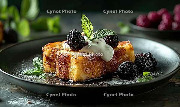 Crispy french toast with yogurt and blackberries, topped with a sprig of mint on a dark ceramic plate. AI generated [IBR125000262]