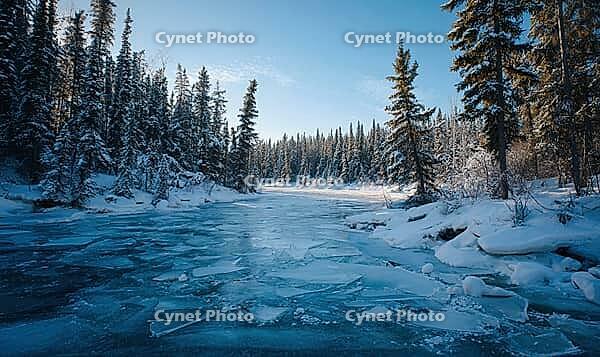 A frozen river with trees in the background. The water is frozen and the trees are covered in snow. AI generated [IBR125000263]